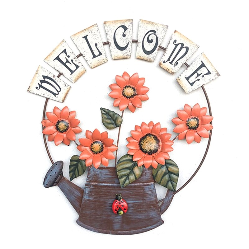 Garden Welcomeing Signs Metal Hanging Yard Art Decorative Outdoor Garden Signs Sunflower Outside Hand-Painted Decor