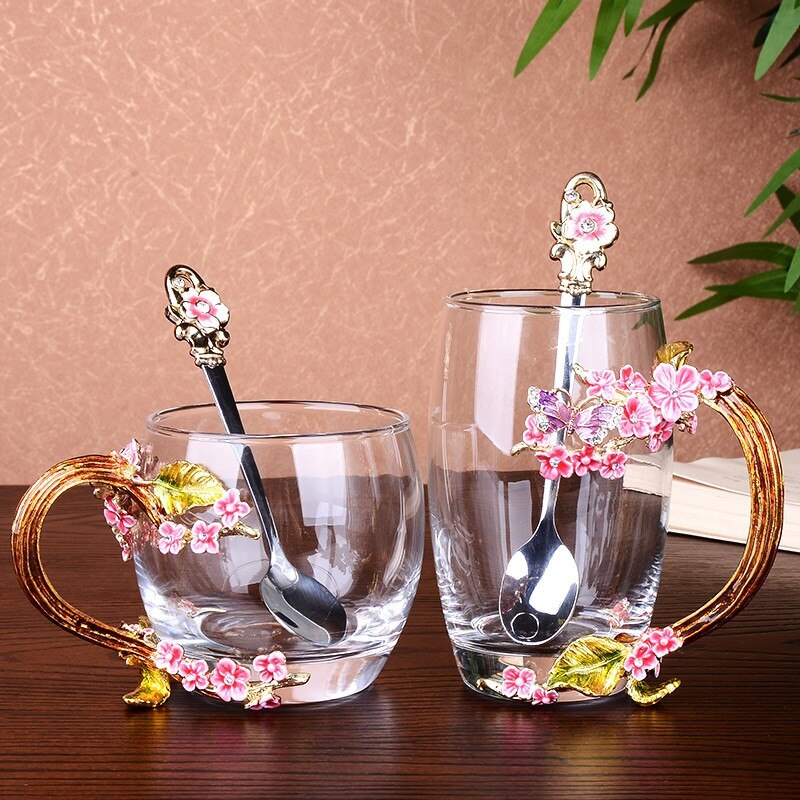 Emalje kaffekopp krus blomst te drikkeglass kopper med håndtak til og kalde drikker med hettepute og tørkeklut til