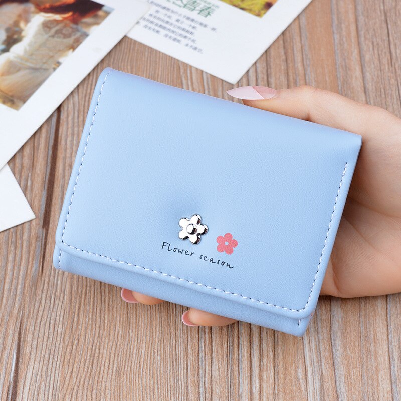 Kvindelig tegnebog sød walet til kvinder studerende pung kort mini tegnebog korea blomst lille vellet portomonee portfel damski: Himmelblå