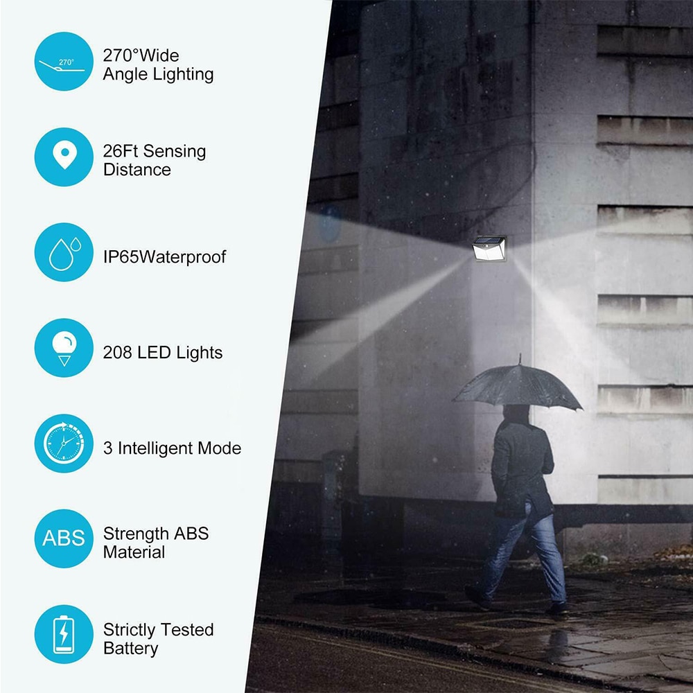 Luces LED de energía Solar para decoración de jardín, lámpara de pared con Sensor de movimiento PIR, Panel Solar impermeable para exteriores, luz de calle, 208
