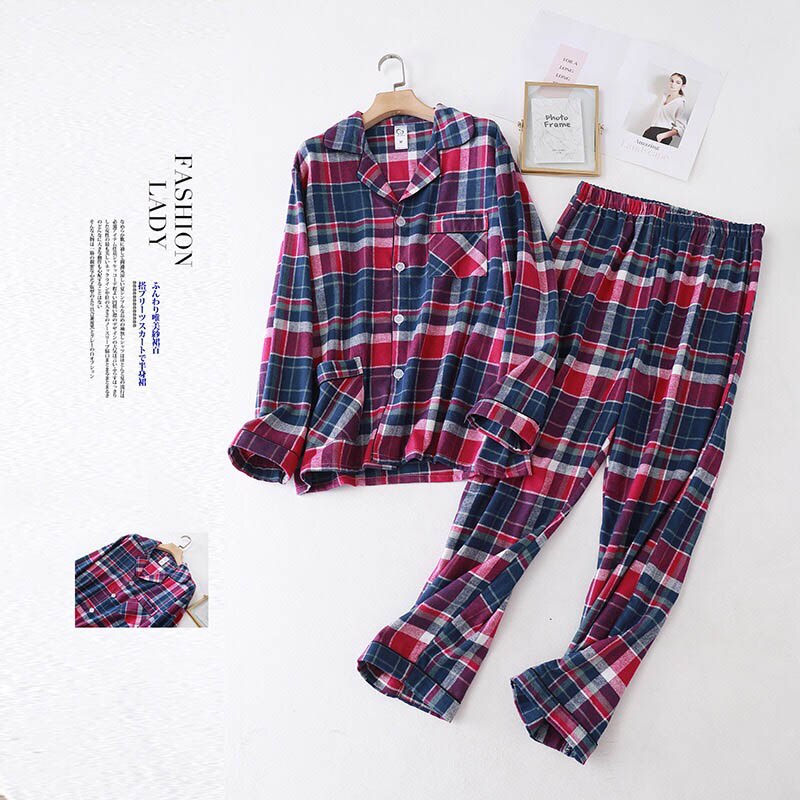 Höst vinter herr rad rutig pyjamas set komfort lös stor storlek nedfällbar krage sovkläder helärm+byxor 2 st hemkläder: Xl
