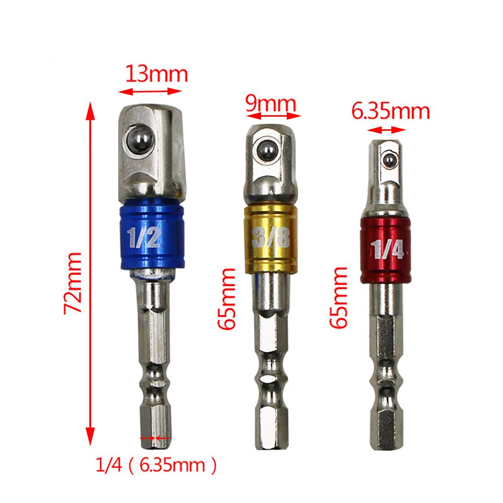 1/4 3/8 1/2 Hexagonal Shank Square Head Socket Extension Bar 3 PCS/Set Electric Wrench Sleeve Head Connection Conversion Rod