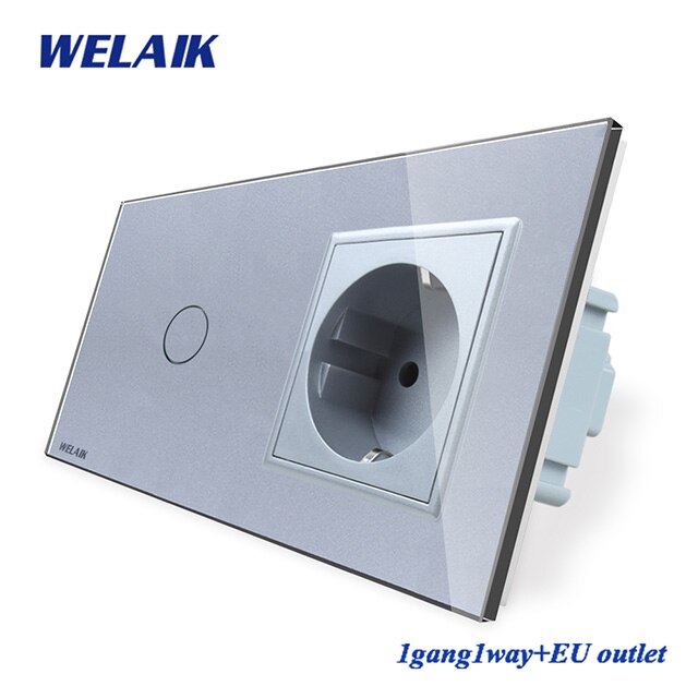 WELAIK 2Frame-Crystal Glass-Panel Wall-Switch EU Touch-Switch-Screen EU Wall-Socket 1gang-1way AC250V A29118ECW/B