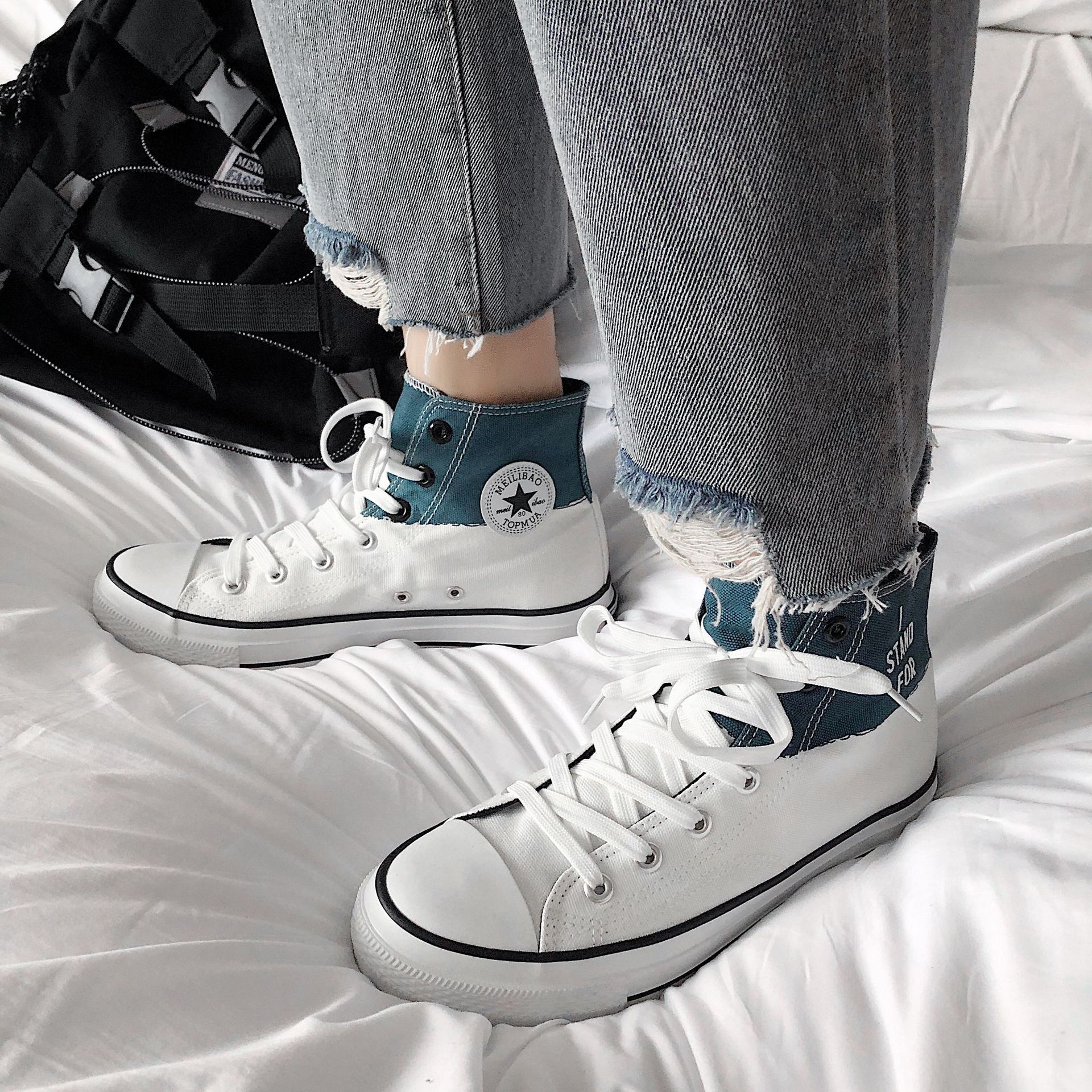 Mænd high top canvas sko platform vulkaniserede sko sommer åndbare blandede farver sneakers man fodtøj skridsikkert: Hvidblå / 7.5