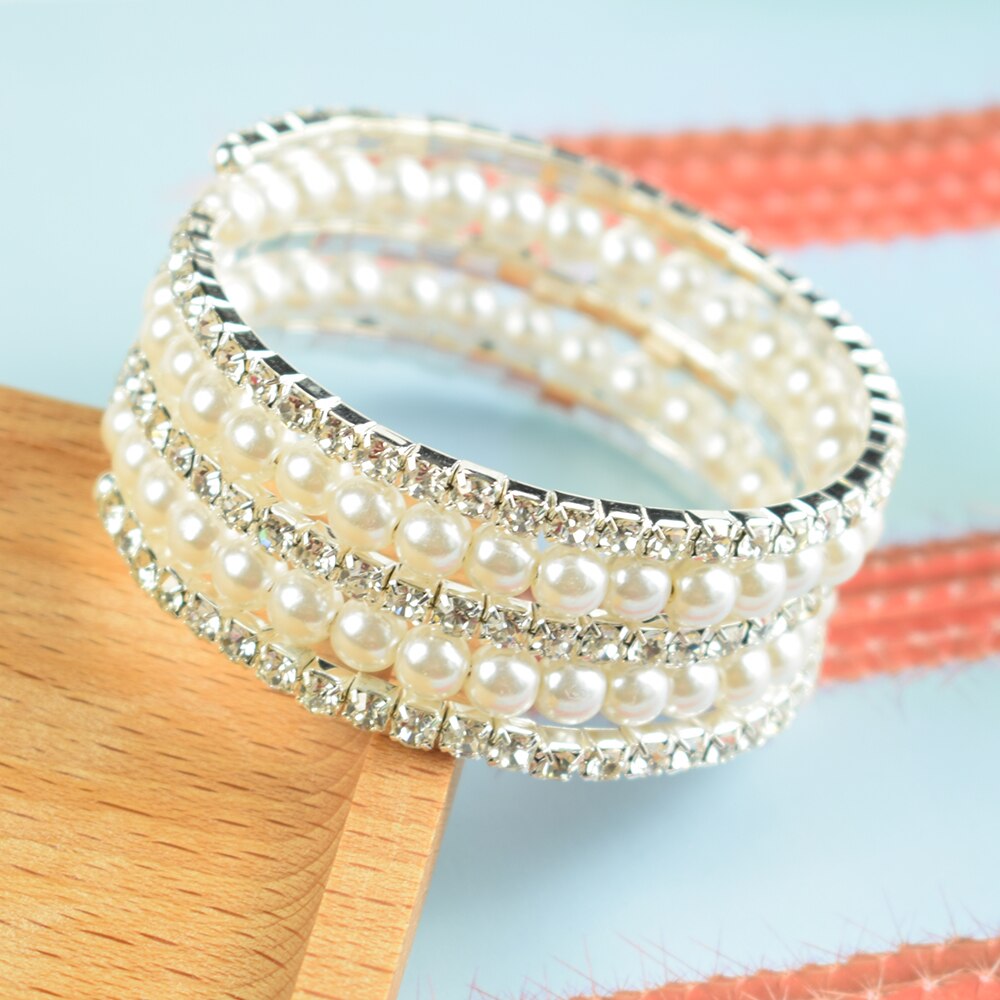 Elegante braccialetto di perle di cristallo multistrato estensibile braccialetto di perle per le donne polsini braccialetti strass gioielli da sposa Accessori: SL-1032-silver