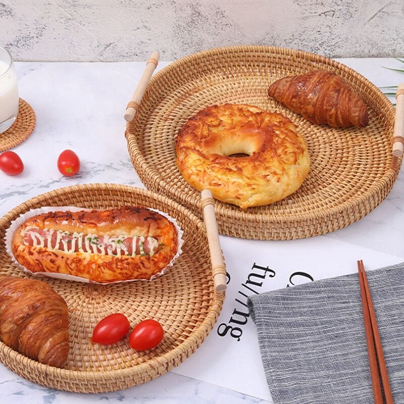 Hand-gewebte Runde Rattan Tablett Obst Snacks Lagerung Korb Organizer mit Griff Herbst gewebte Ablage