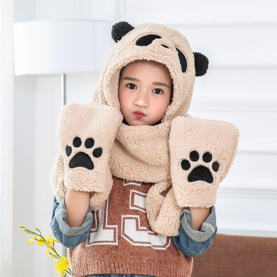 3 in 1 functies dier cartoon koraal fleece sjaal winter mooie panda muts met handschoenen voor kinderen volwassenen kerst: Kinderen beige
