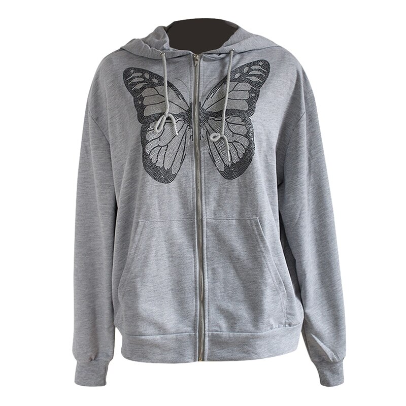 Y2K Oversized Butterfly Graphic Rhinestone Zip Up Hoodies E-girl 90s Streetwear Diamond Grey Long Jacket Autumn Spring: S / light gray