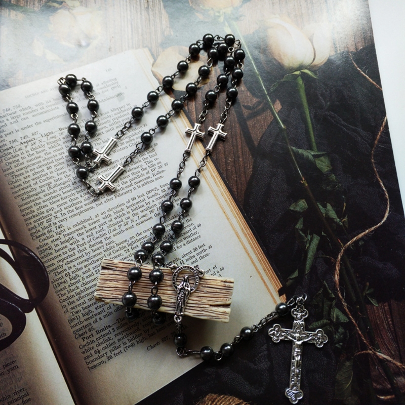 Xxfa Handgemaakte Ronde Kralen Katholieke Rozenkrans Ketting Cross Hanger Religieuze Jezus Kettingen Mannen Vrouwen Sieraden