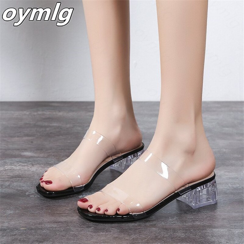 Sandalias de tacón de cristal para mujer, calzado con cabeza cuadrada, tacón medio grueso, cinturón transparente, estilo Hada, novedad de verano 2022