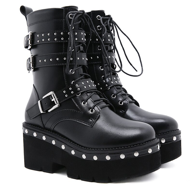 Botas de motorista Punk para mujer, botines con remaches, plataforma, Corss, hebilla plana baja, decoración, suela de goma, zapatos con cremallera