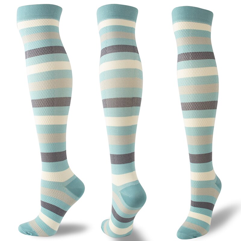 Stock de compresión para hombre y mujer de Mulaya, soporte para piernas, varices elásticas, rodilleras, dibujos a rayas, deporte de alta elasticidad: Liter Blue / S M