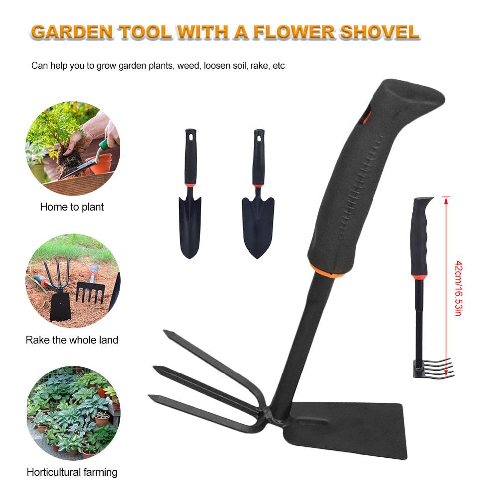 Herramienta de jardinería rastrillo de cinco dientes pala de dos usos mango de goma negro Juego de jardinería pala de jardín plantación de hogar