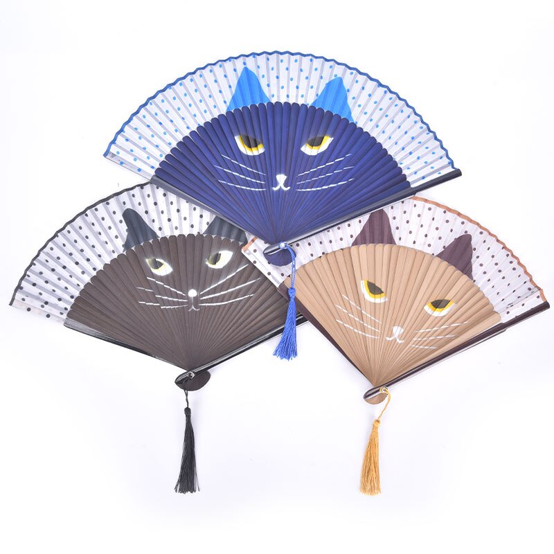 Kat Cartoon Zijde Modieuze Japan Stijl Hand Fans Populaire Handheld Folding Fans Gespoten Kat Hoofd Japanse Wind