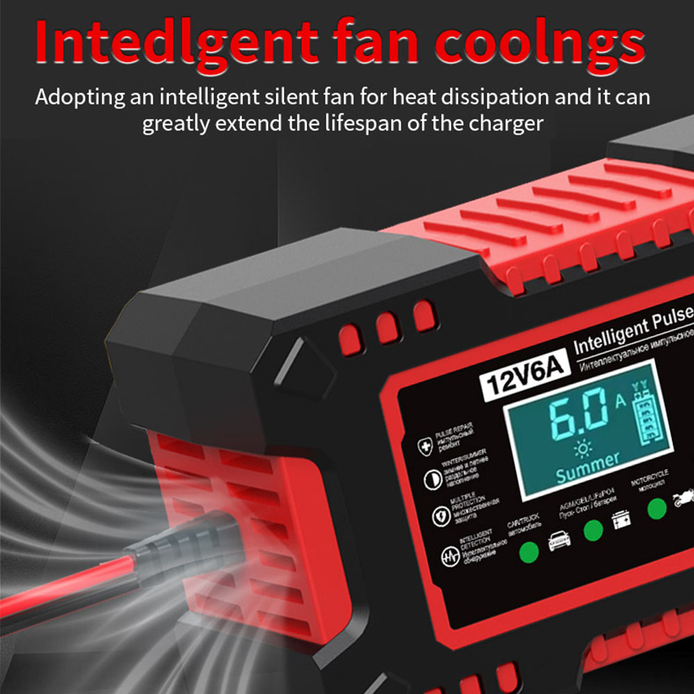 Carregador de bateria de carro 12v 6a, display lcd digital, proteção contra sobretensão, detecção de temperatura, reparo de pulso inteligente