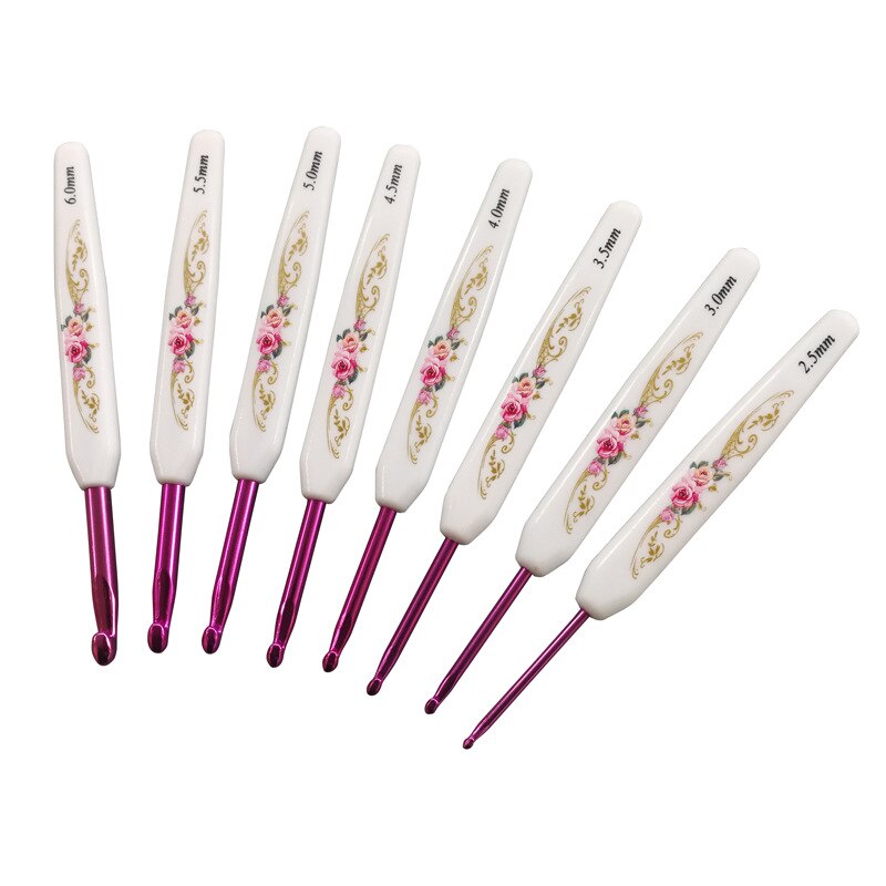 8pcs/set Rose Red Crochet Hook Sewing Needle plastic handle aluminum knitting tool printed flower needle for DIY with bag