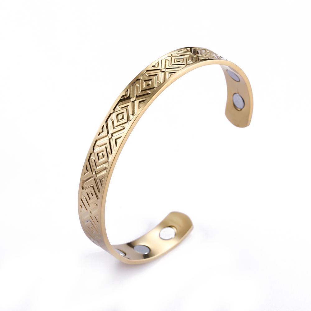 Skyrim-brazaletes nórdicos de runas para hombre y mujer, brazaletes vikingos de acero inoxidable, simples, ajustables, dorados, negros, magnéticos para la salud: Gold Color