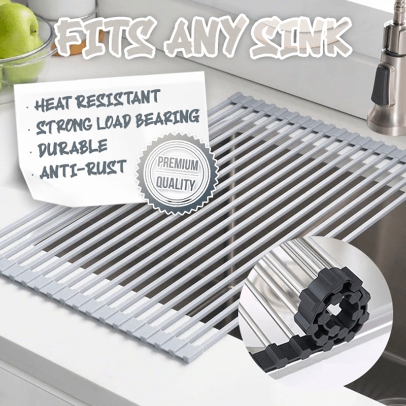 Kitchen Sink Rack Dish Drying Rack Foldable Roll-up Sink Draining Rack Stainless Steel Household Magic Rolling Sink Stand Black