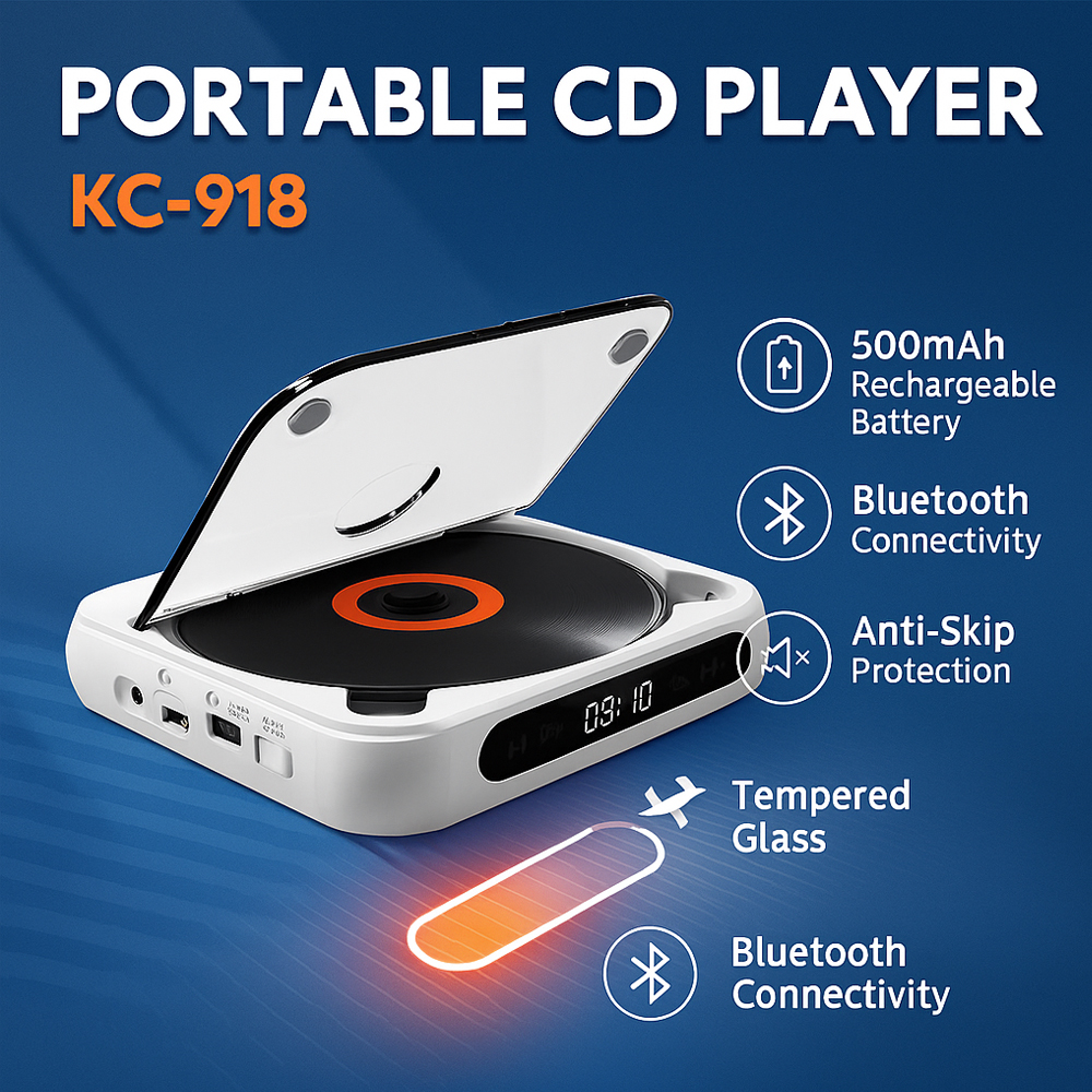 Portable CD Player With Bluetooth USB/TF/AUX Support 2000mAh Rechargeable Battery LCD Display-Model KC-918
