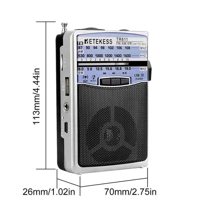 Retekess TR611 Portable FM AM SW 3Band Radio with Earphone Jack USB TF Player Support MP3 Format