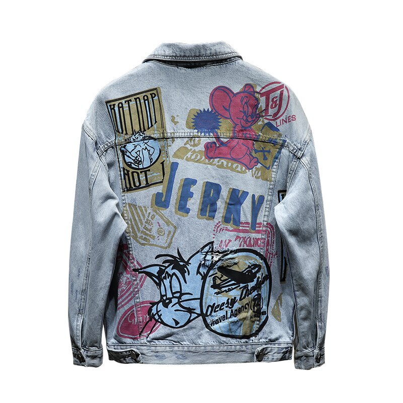 Hand Painted Graffiti Hip Hop Denim Jacket Men Hole Streetwear Oversized Harajuku Blue Jeans Jacket Denim Jacket Outwear: XL