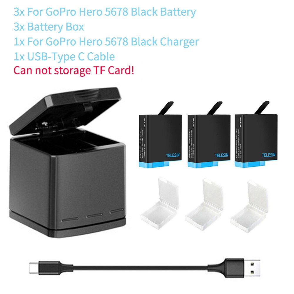 TELESIN For GoPro 10 9 Battery 1750mAh 1220mAh 3 Slots LED Light Charger Box TF Card Storage For GoPro Hero 5 6 7 8 9 10 Black: 3B For 5678