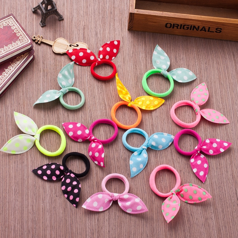 10PCS/Lot Gilrs Hair Rope Solid Satin Cloth Scrunchie Elastic Bow Kids Cute Rabbit Ear Ponytail Holder Accessories