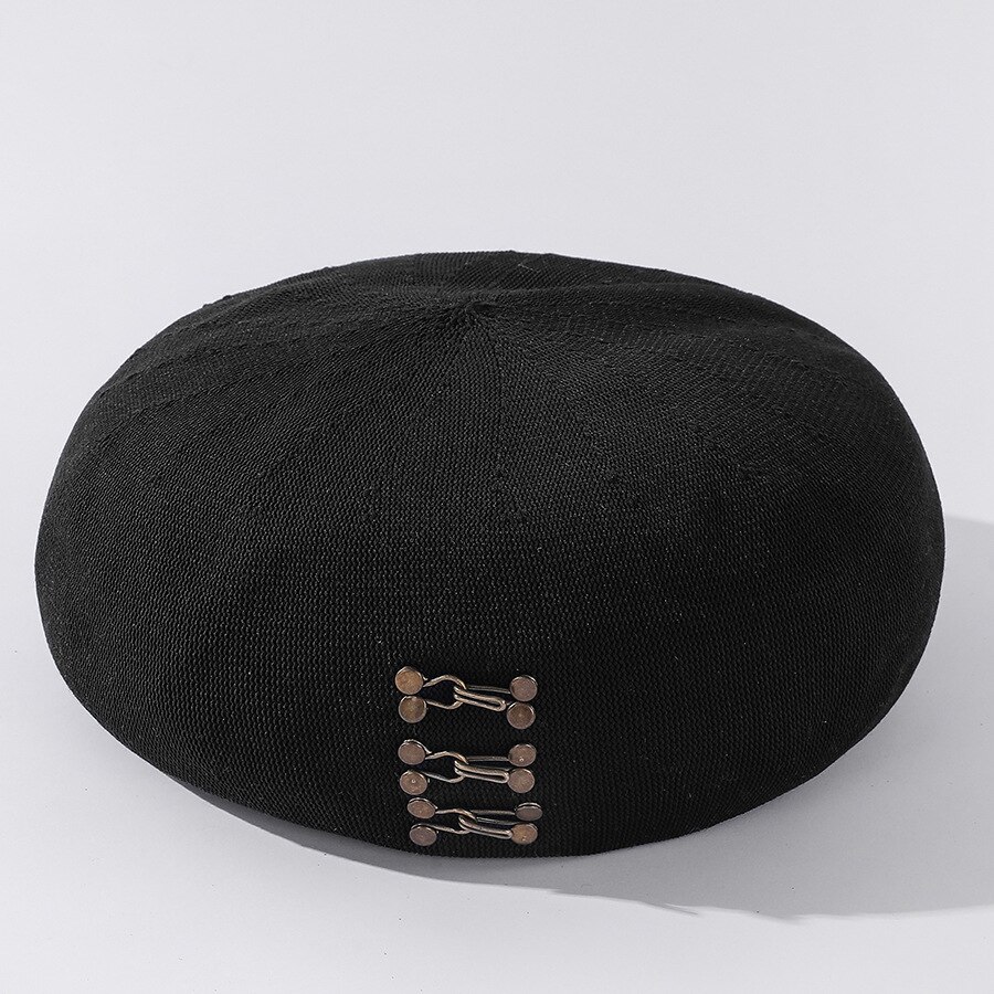Boinas de mezcla de algodón con hebilla de cobre para mujer, boina con hebilla de cobre para Primavera, gorrito de artista para esquiar, gorros de pintor para niña: Negro