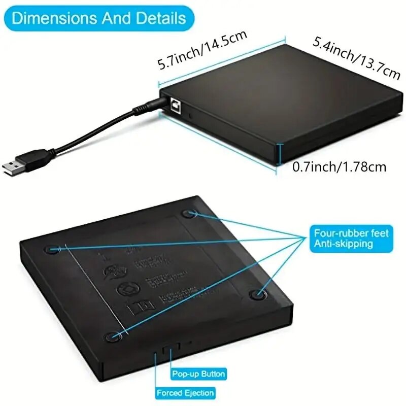 External CD DVD Drive, USB 2.0 Slim Protectable External CD-RW Drive DVD-ROM Player for Laptops Desktop PCs