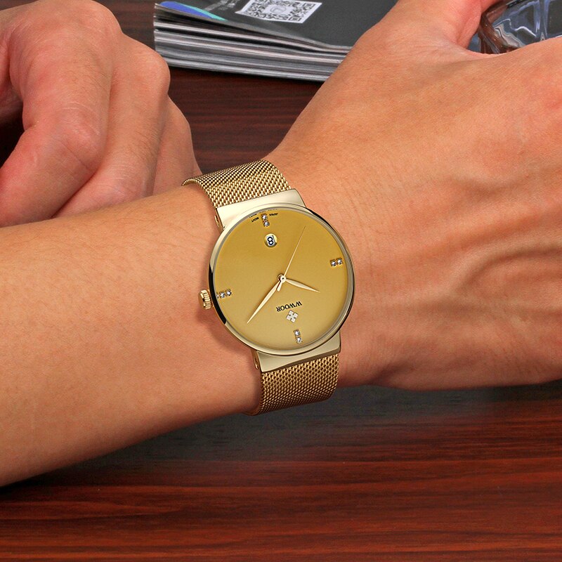WWOOR-montre de luxe pour hommes, en acier inoxydable, doré, montre à Quartz minimaliste, diamant