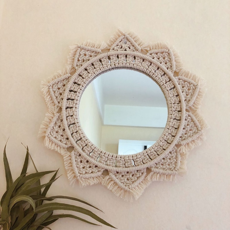 Makrame gobelin væghængende dekorativ spejlbøhmen hjem kunst vægdekorationer boho indretning hjem: B 35cm har spejl