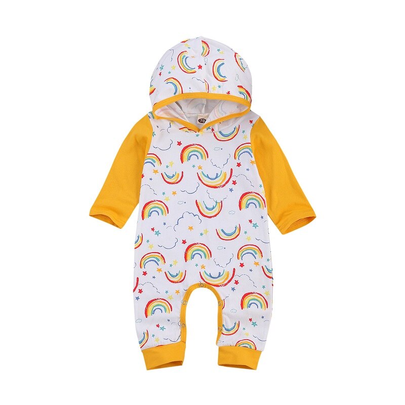 3-24M Cute Newborn Baby Boy Girl Long Sleeve Rainbow Print Hooded Romper Jumpsuit Outfits Baby Clothes