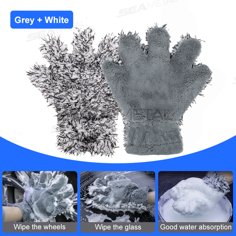 SEAMETAL Plush Car Wash Gloves Microfiber Thicked Cleaning Mitt Double-sided 5 Finger Soft Car Washing Glove Wipe Drying Mitts: COLORLESS