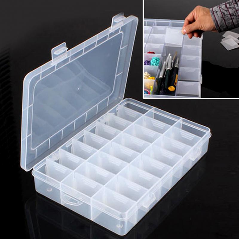OLOEY Home Portable 24 Compartment Storage Box Practical Adjustable Plastic Case for Bead Rings Jewelry Display Organizer