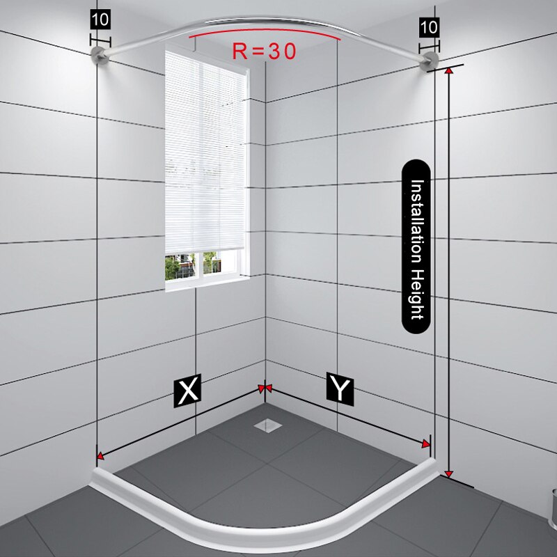 Shower Curtain Rod Pole With 12 Metal Hooks Extendable Corner Stainless Steel Rail Rod Bar Bath Door Hardware Heavy Loaded