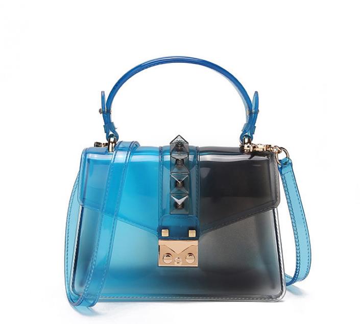 Clear Transparent saddle Bag Women rivet Jelly Bags Purse Panelled Color women Handbags sac a main femme Shoulder Bag: blue black