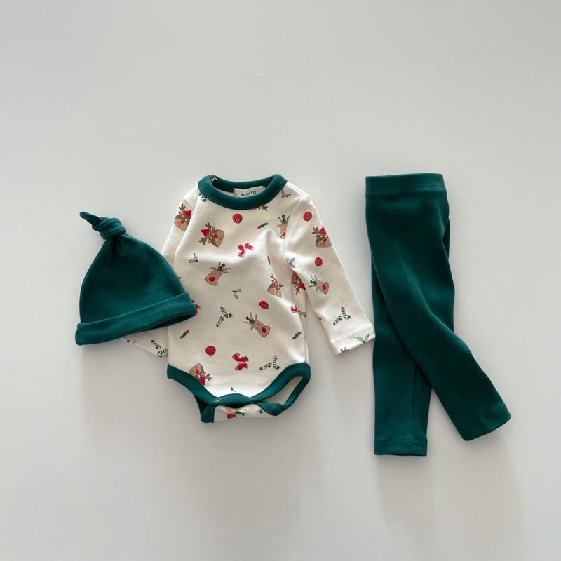 2022 Herfst Winter Pasgeboren Kleding Set 3Pcs Kerst Herten Jongens Meisjes Lange Mouw Bodysuit + Katoen Mode Broek + hoed 0-2 T: green / 6M 66CM