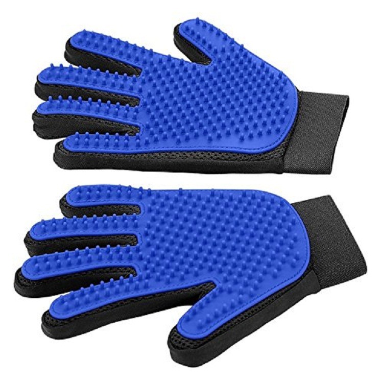 Guante de goma con pincel para mascotas que se derrama de forma suave y eficiente, guante de baño para perros, guante de limpieza para perros, cepillo de baño: S / Azul