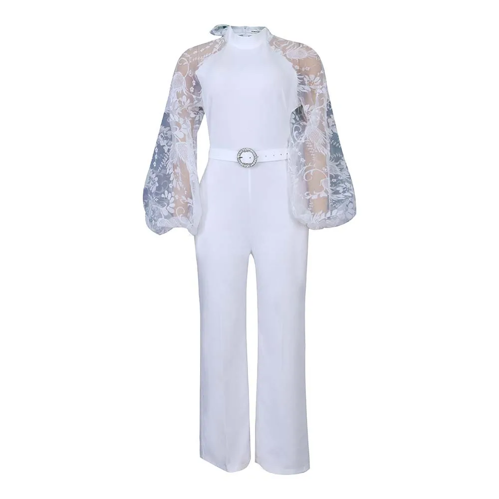 Mesh jumpsuit kvinder hvide overalls fest blonde sparkedragter i bodysuit ét stykke langærmet sommer lange bukser  y2k forår arbejde: S / Hvid