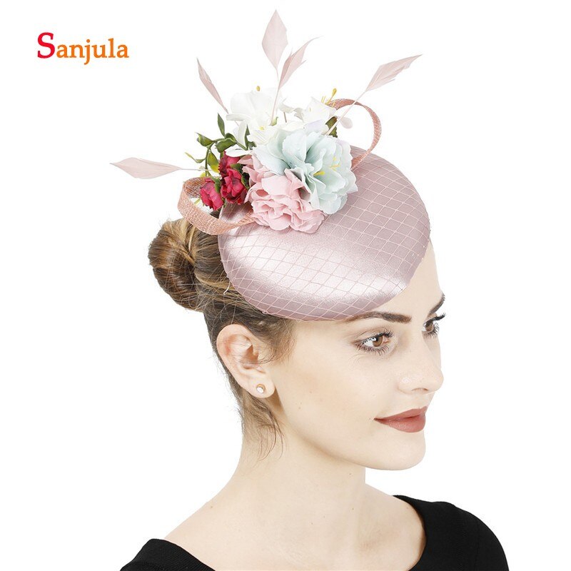 Satin hat til brudefjer håndlavede blomster bryllup hår tilbehør pink satin hat kvinder festtøj 396