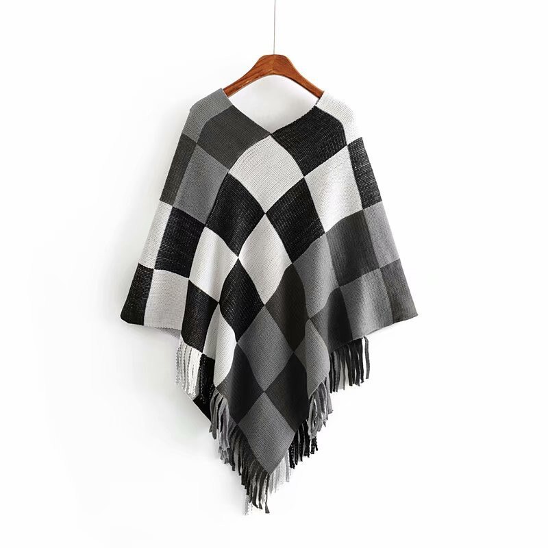 Artguy farge firkantet sjal skjerf gitter genser dusk uregelmessig v-hals gensere gensere poncho kvinner casual cape wrap topper: Svart hvit