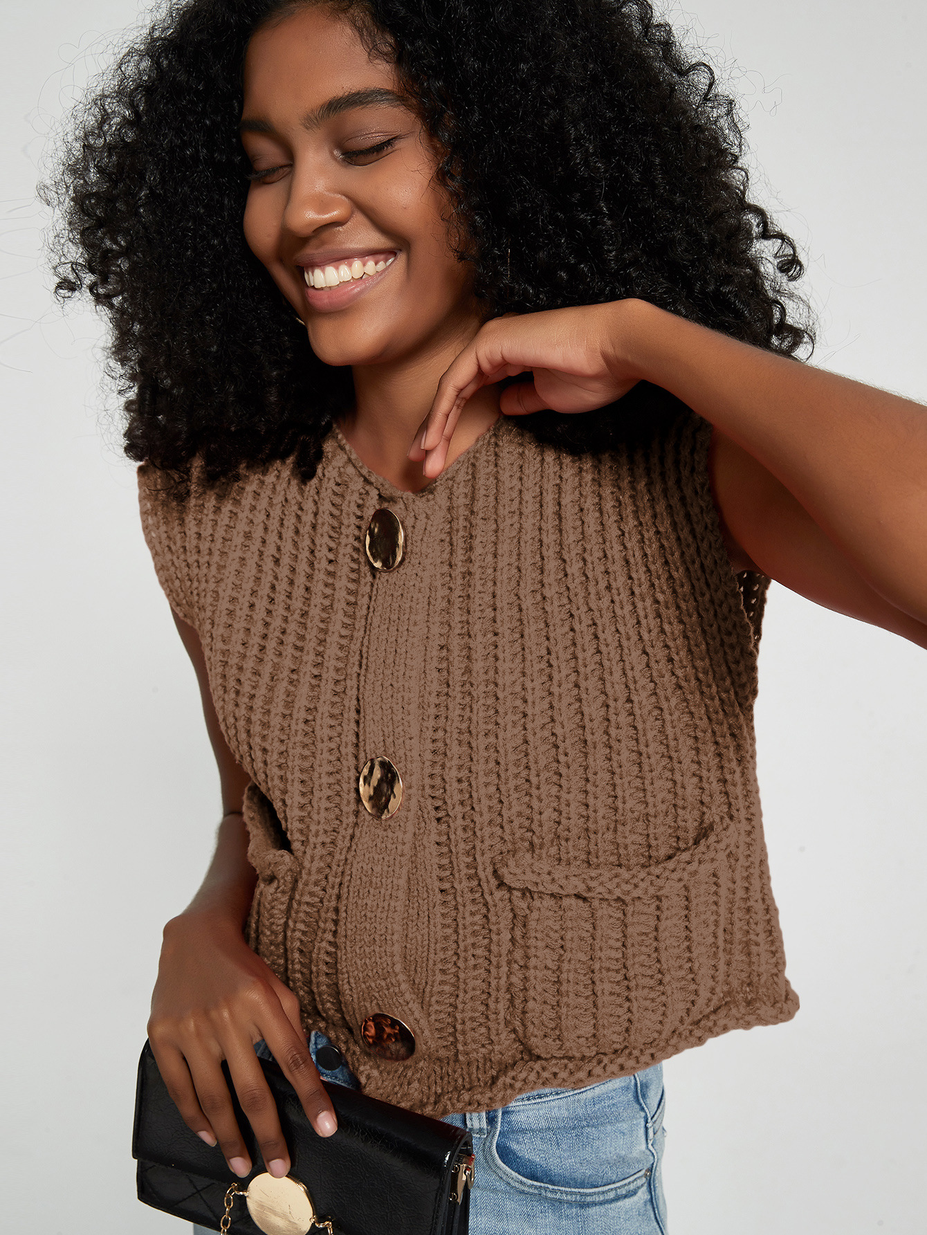 Efterårs cropped sweater dameveste rød ensfarvet løs afslappet sweatervest kabelstrikket sweatervest til kvinder toppe med lommer: S / Mørkebrun
