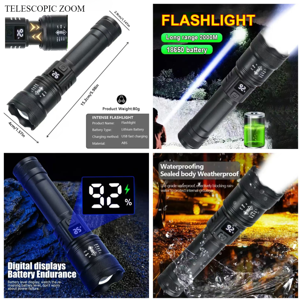 Rechargeable LED Flashlights Super Bright Portable Flashlights 3/5 Modes Telescopic Zoom Waterproof Handheld Torches