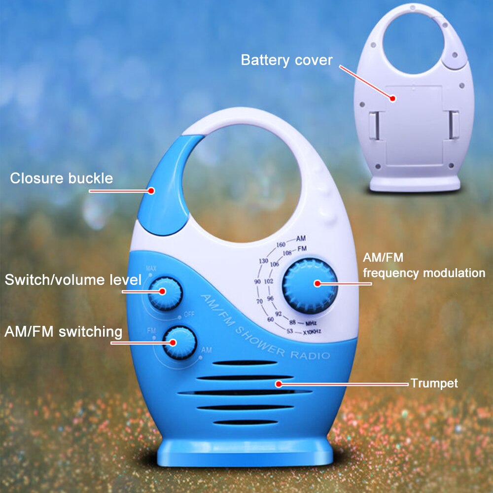 Radio portátil IPX4 resistente al agua, Radio FM AM para ducha, música colgante, baño, potente Hi-Fi, altavoces a prueba de salpicaduras