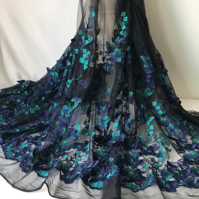 Green3D-Aplique de mariposa para vestido de novia, tocado de novia artesanal, velo de bufanda bordado, parche de tela de encaje, cortina, 145x50cm: Black mesh