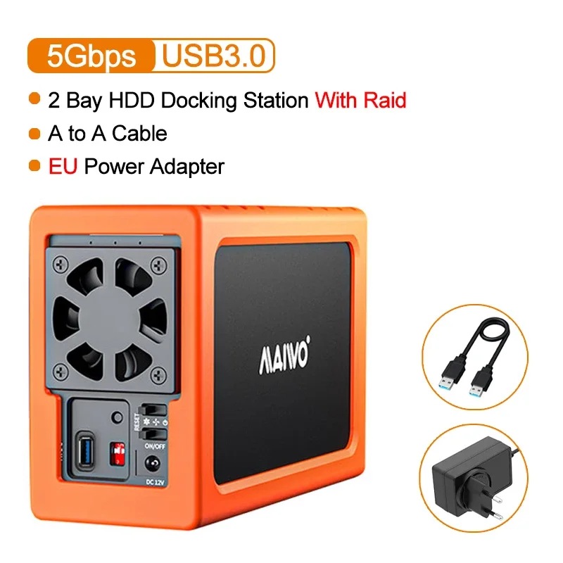 MAIWO 2 Bay HDD Docking Station SATA To USB 3.0 Hard Drive Docking Station for 3.5 Inch Hard Drive Case with 4 RAID Modes Case: Brown