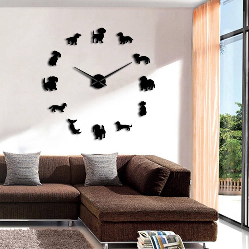 Dachshund wall art wiener-dog valp hund kjæledyr rammeløs gigantisk veggklokke med speil effekt pølse hund stor klokke veggklokke