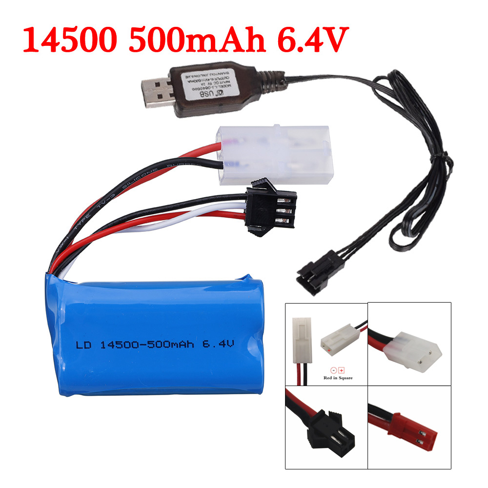Batería de iones de litio de 6,4 v, 500mAh, con cargador USB, para Wltoys 18401, 18402, vehículo RC, 6,4 v, 14500, para juguetes, coches y barcos a control remoto
