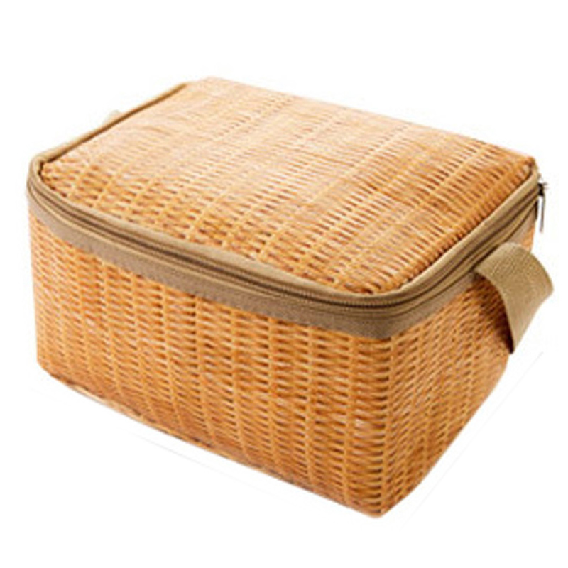 Portable Imitation Rattan Lunch Bags Insulated Thermal Cooler Lunch Box Tote Storage Bag Container Food Picnic Bag: Default Title