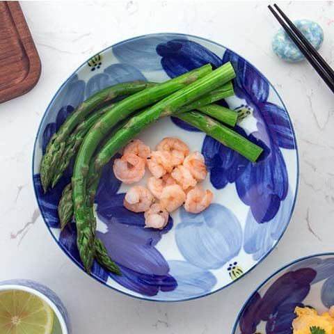 Japanese-style tableware set with blue dyed flowers, bowls and plates, Japanese rice bowls, plates and soup bowls dishes